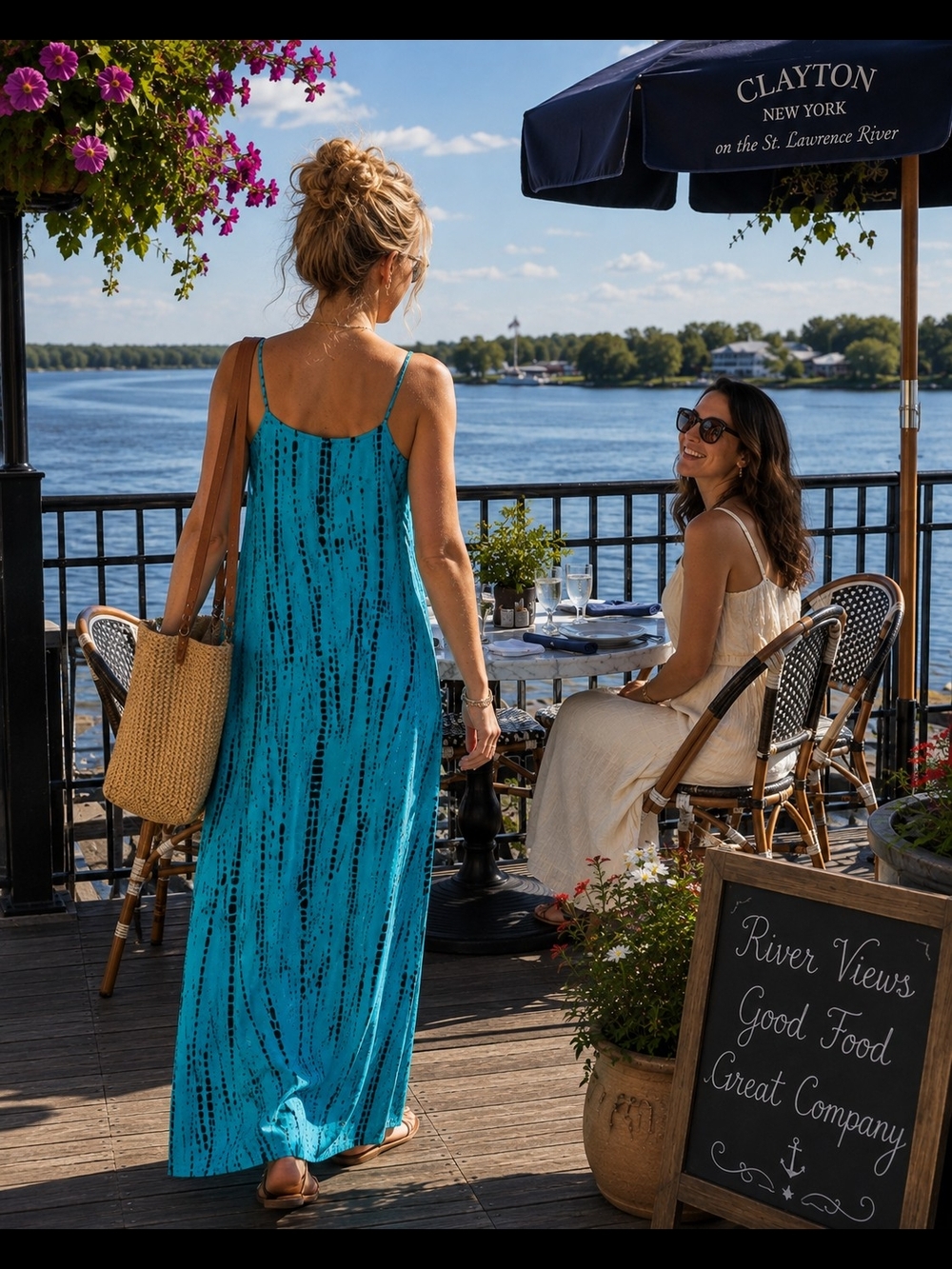NWOT Turquoise Blue Slip Maxi Dress with Abstract Black Print PtP18